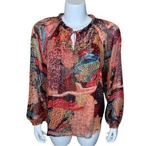 Joie Boho Peasant Top Blouse S Tue Neck Balloon Sleeve Orange Brown